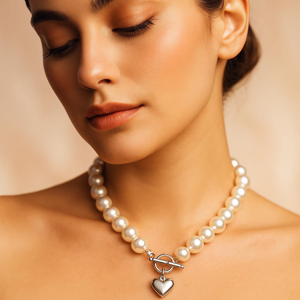 Classic Pearl Necklace with Toggle Clasp and Heart Charm