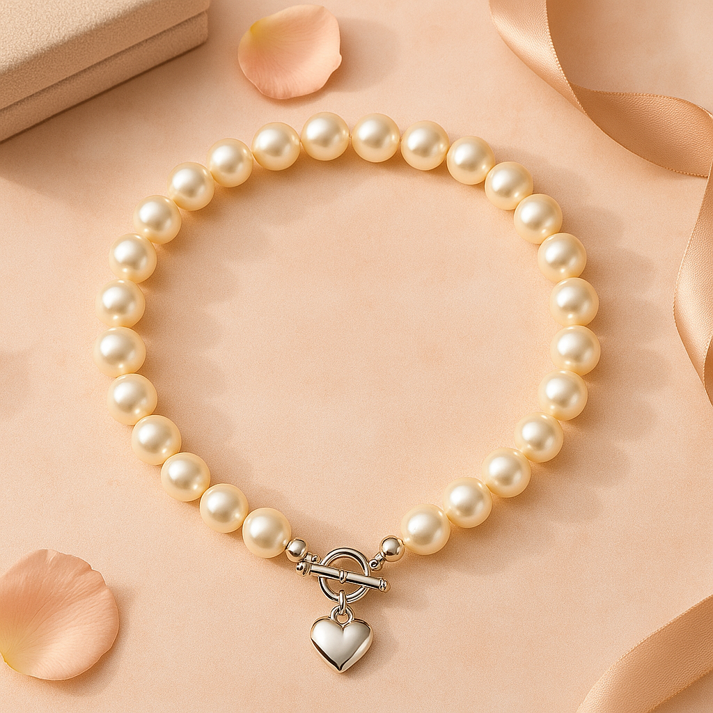 Classic Pearl Necklace with Toggle Clasp and Heart Charm
