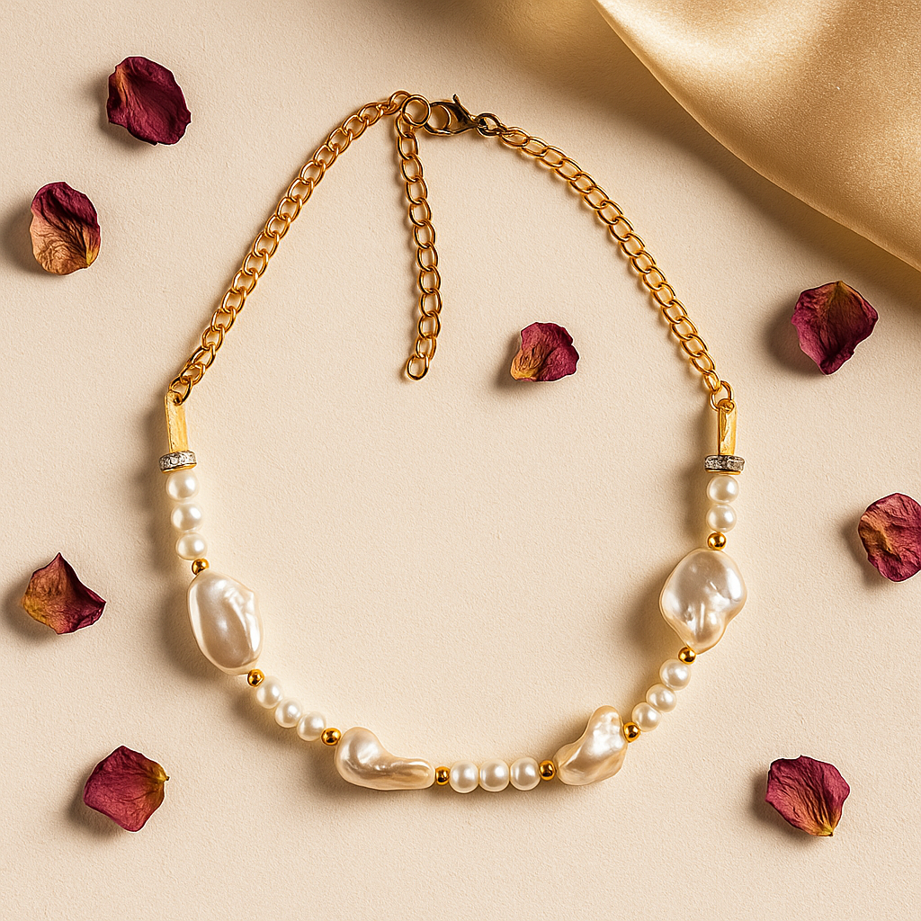 Gold necklace with pearls on a beige background with dried roses