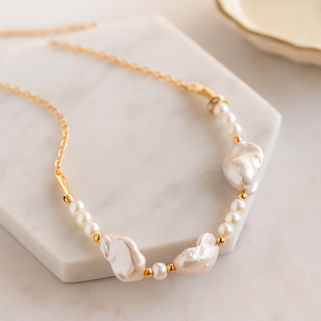 Pearl necklace with gold accents on a marble surface