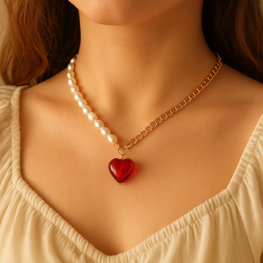 Red Heart with Pearls Necklace
