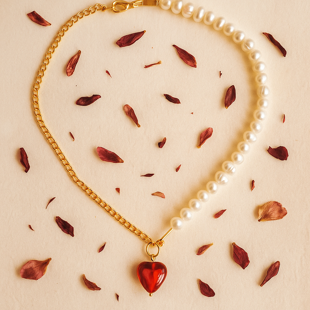 Red Heart with Pearls Necklace
