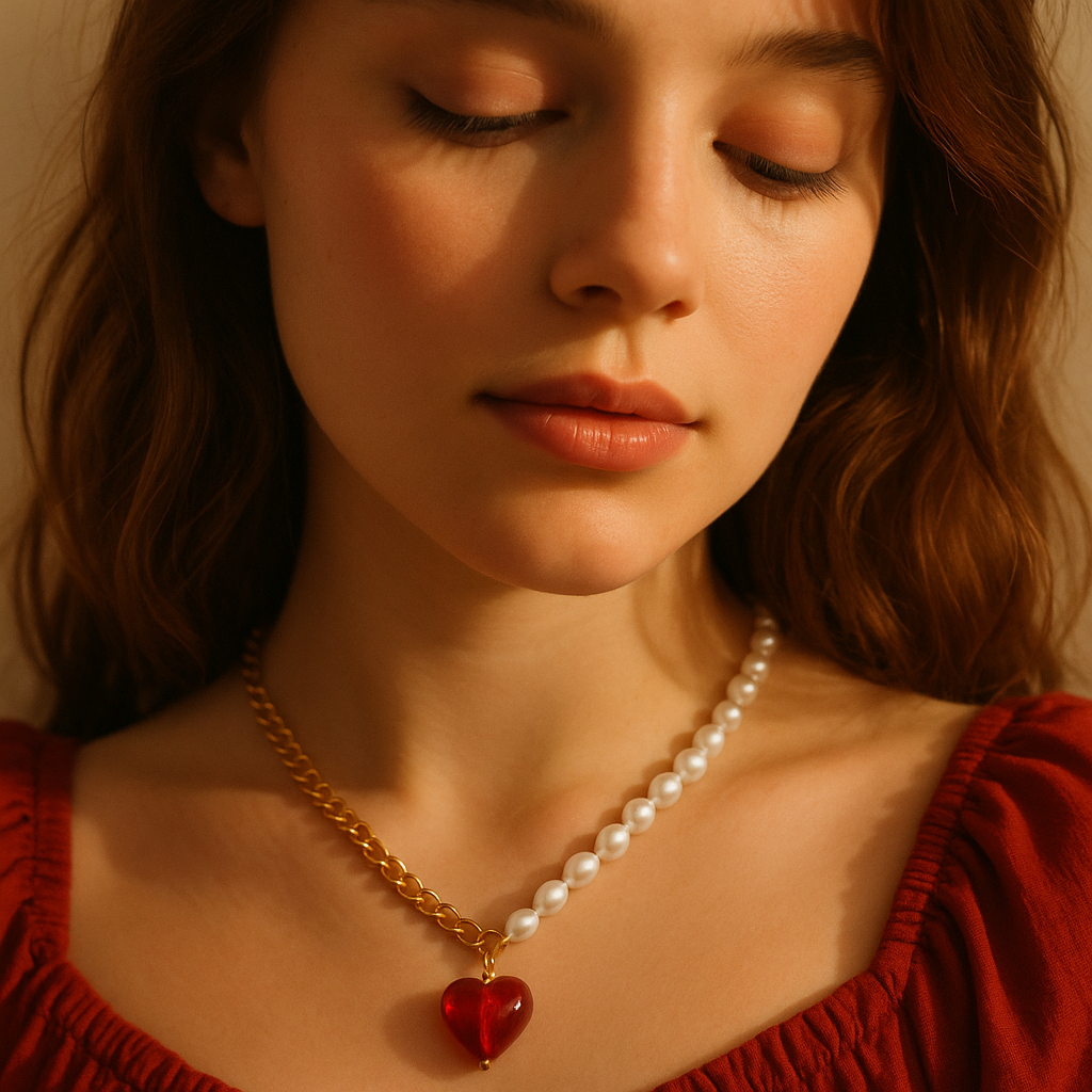 Red Heart with Pearls Necklace