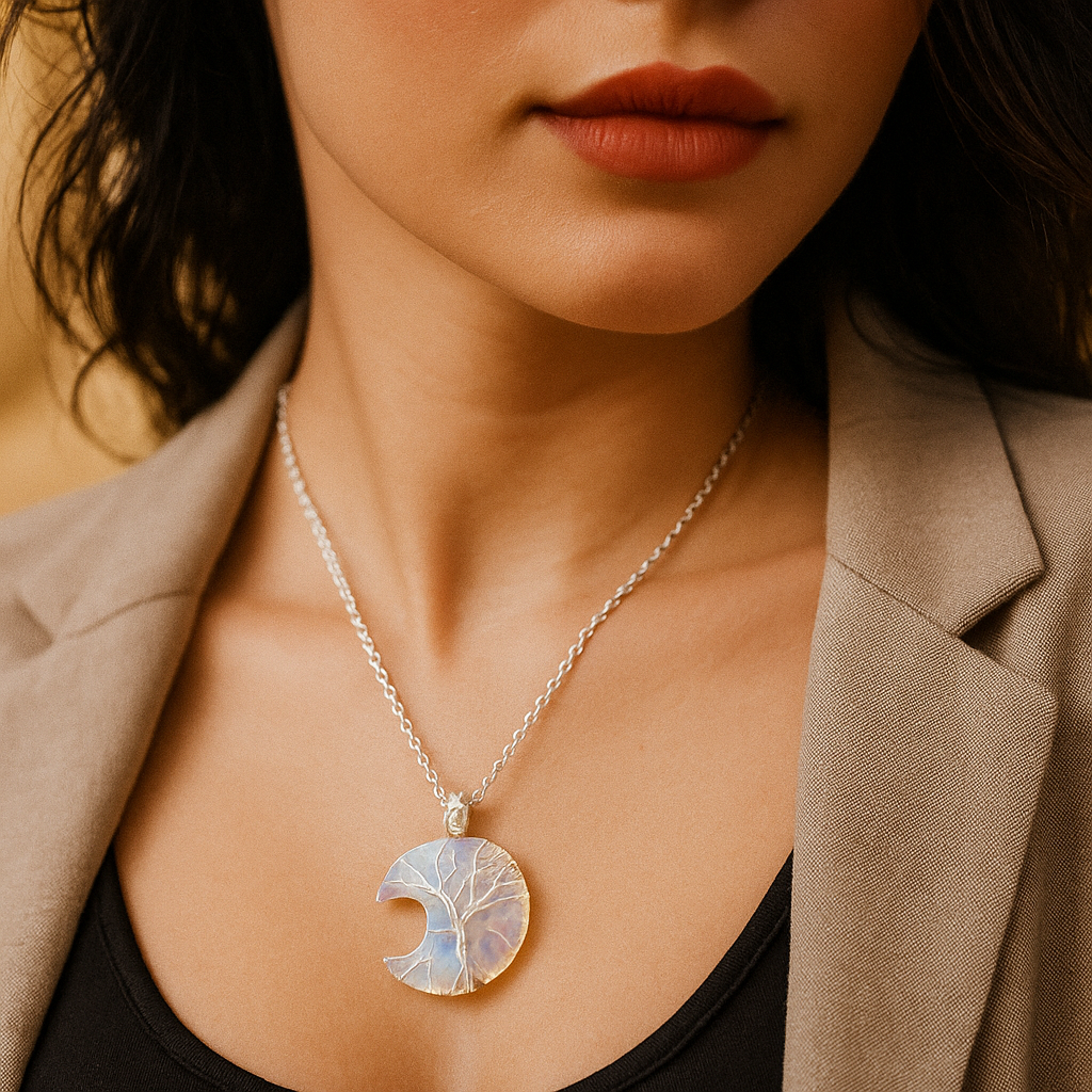 Moon/Star Opalite Wire Wrapped Pendant Necklace with Leather Cord/Chain