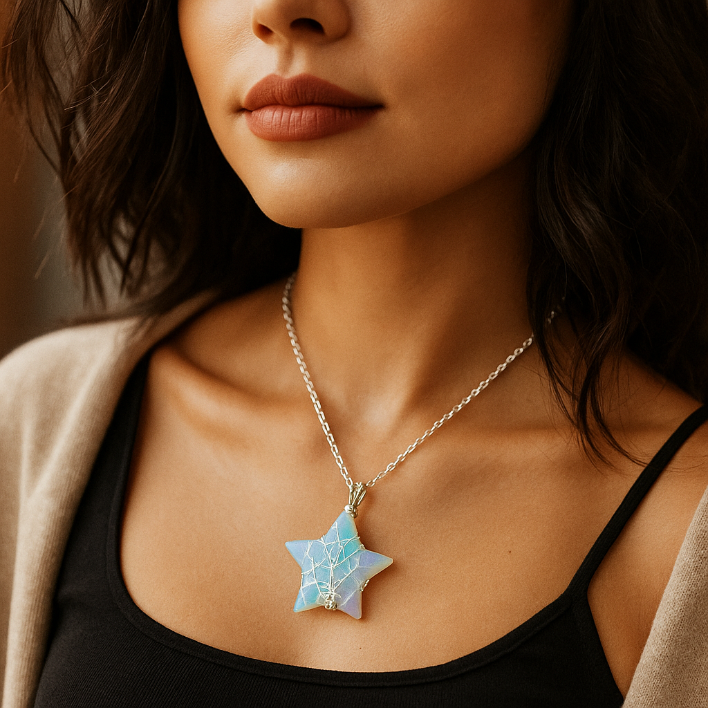 Moon/Star Opalite Wire Wrapped Pendant Necklace with Leather Cord/Chain