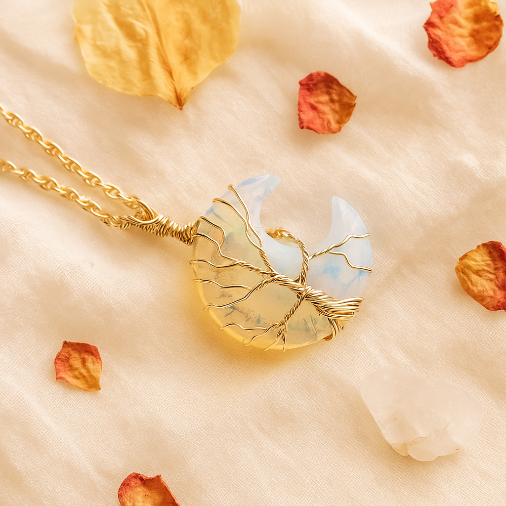 Moon/Star Opalite Wire Wrapped Pendant Necklace with Leather Cord/Chain