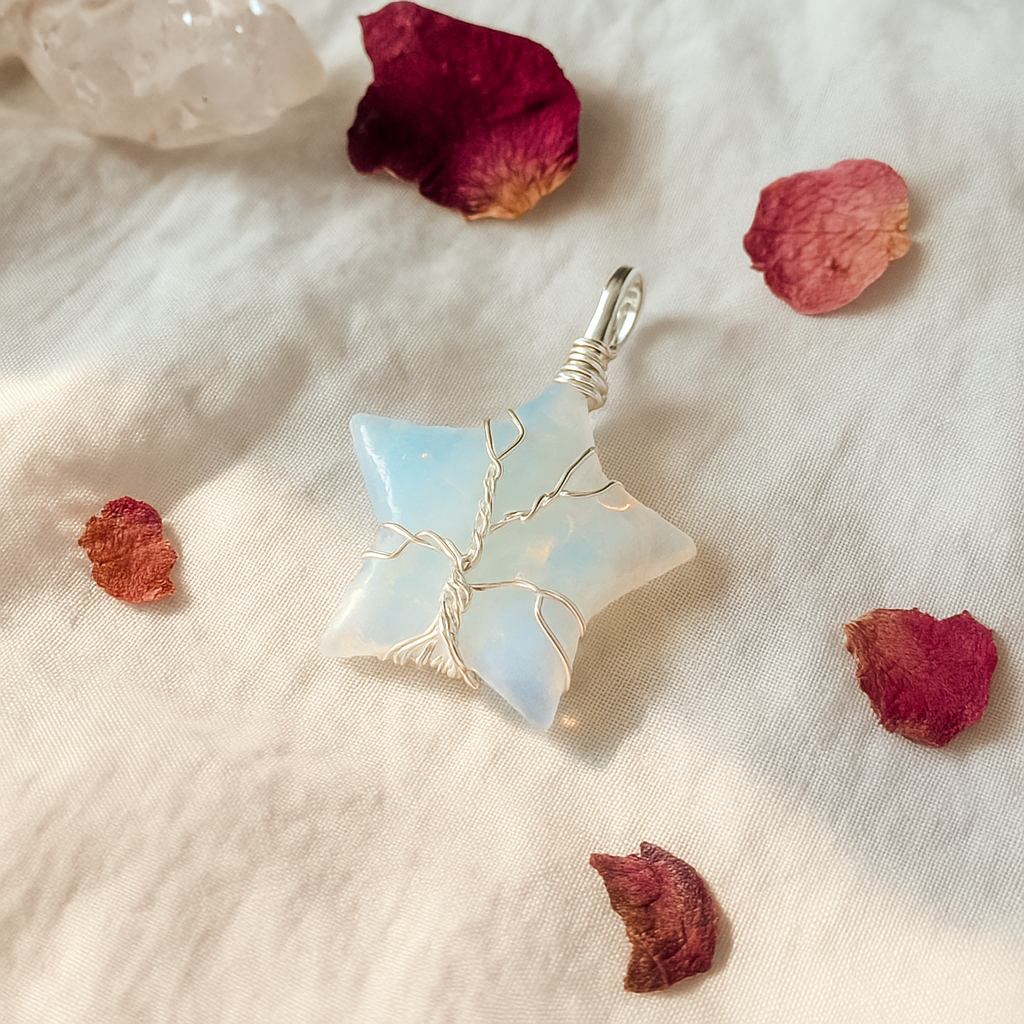 Moon/Star Opalite Wire Wrapped Pendant Necklace with Leather Cord/Chain