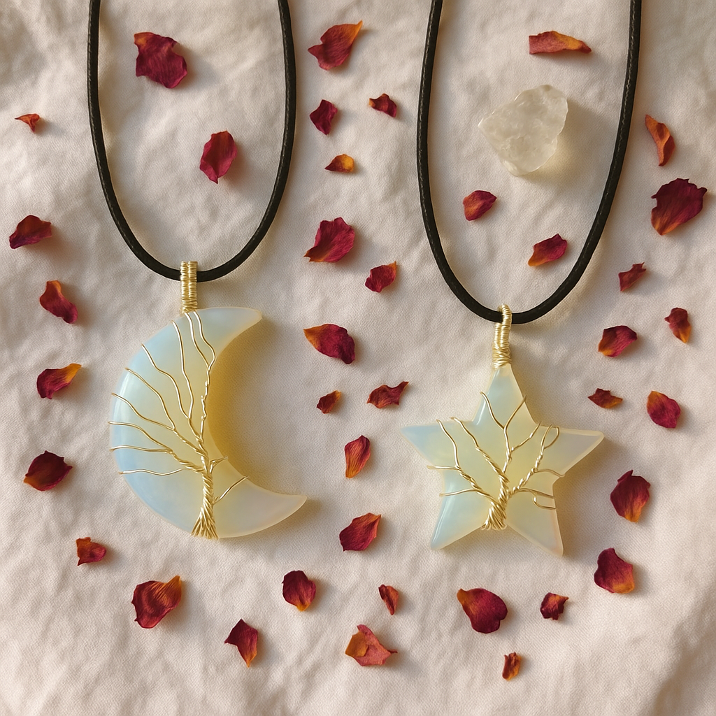 Moon/Star Opalite Wire Wrapped Pendant Necklace with Leather Cord/Chain
