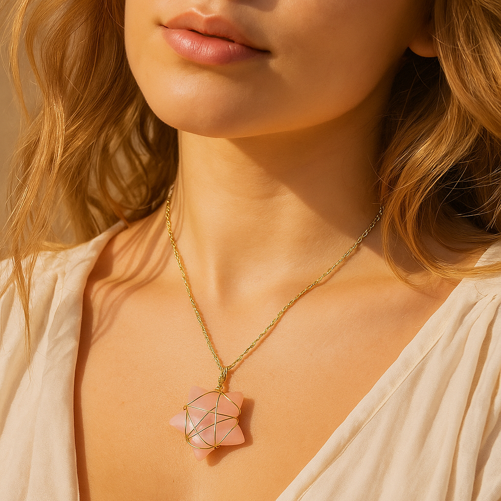 Moon/Star Rose Quartz Wire Wrapped Pendant Necklace with Leather Cord/Chain