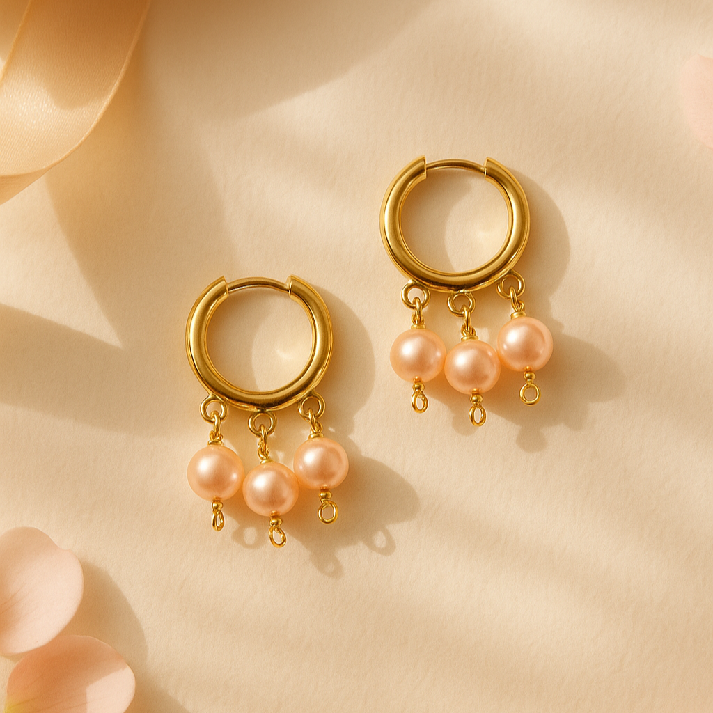 Gold hoop earrings with pink pearls on a soft beige background