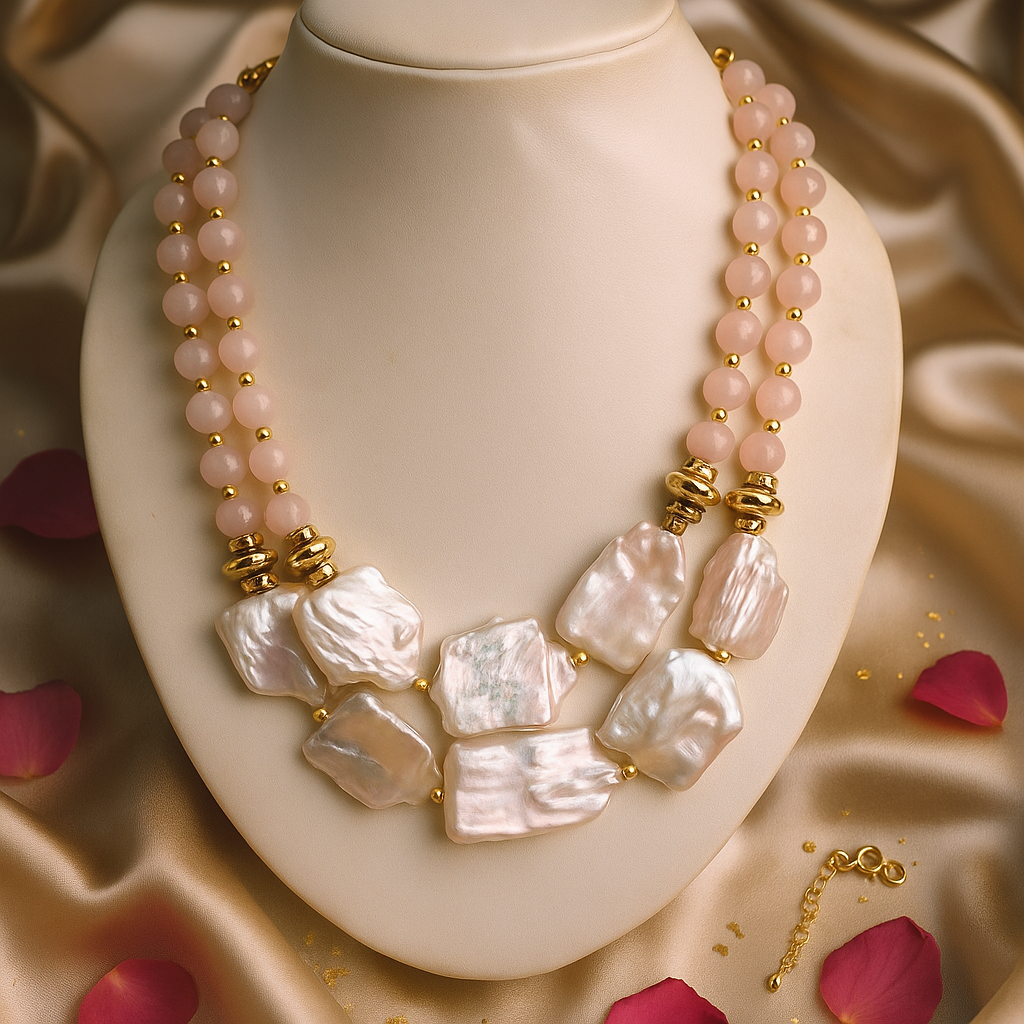 Pearl necklace with gold accents on a beige stand with pink petals