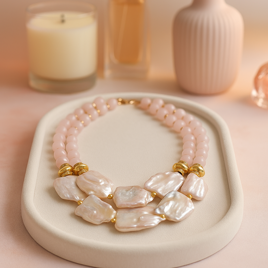 Pearl necklace with gold accents on a white tray with a soft, blurred background
