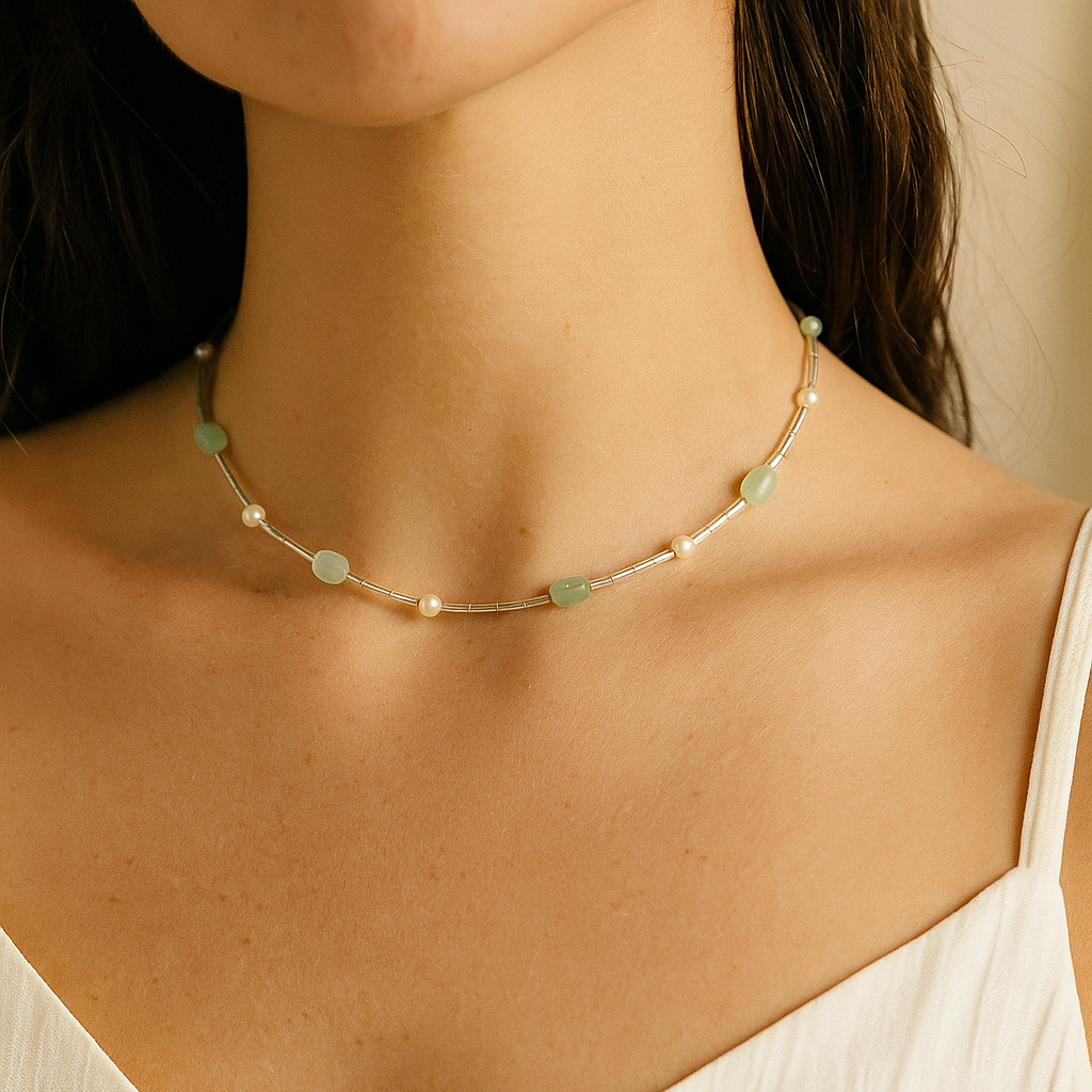 Green Aventurine & Natural Pearl Choker Necklace