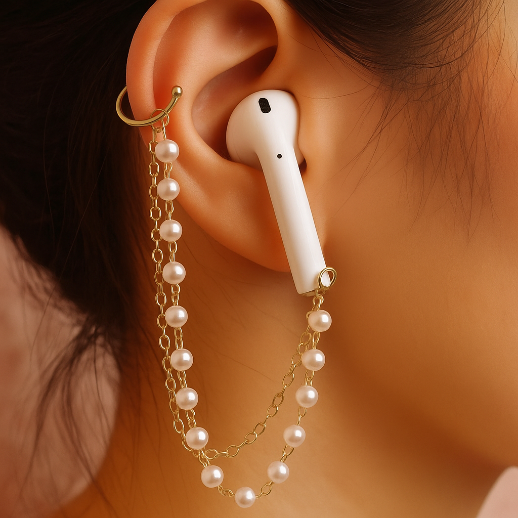 White wireless earbud with gold chain and pearl decorations worn in an ear.