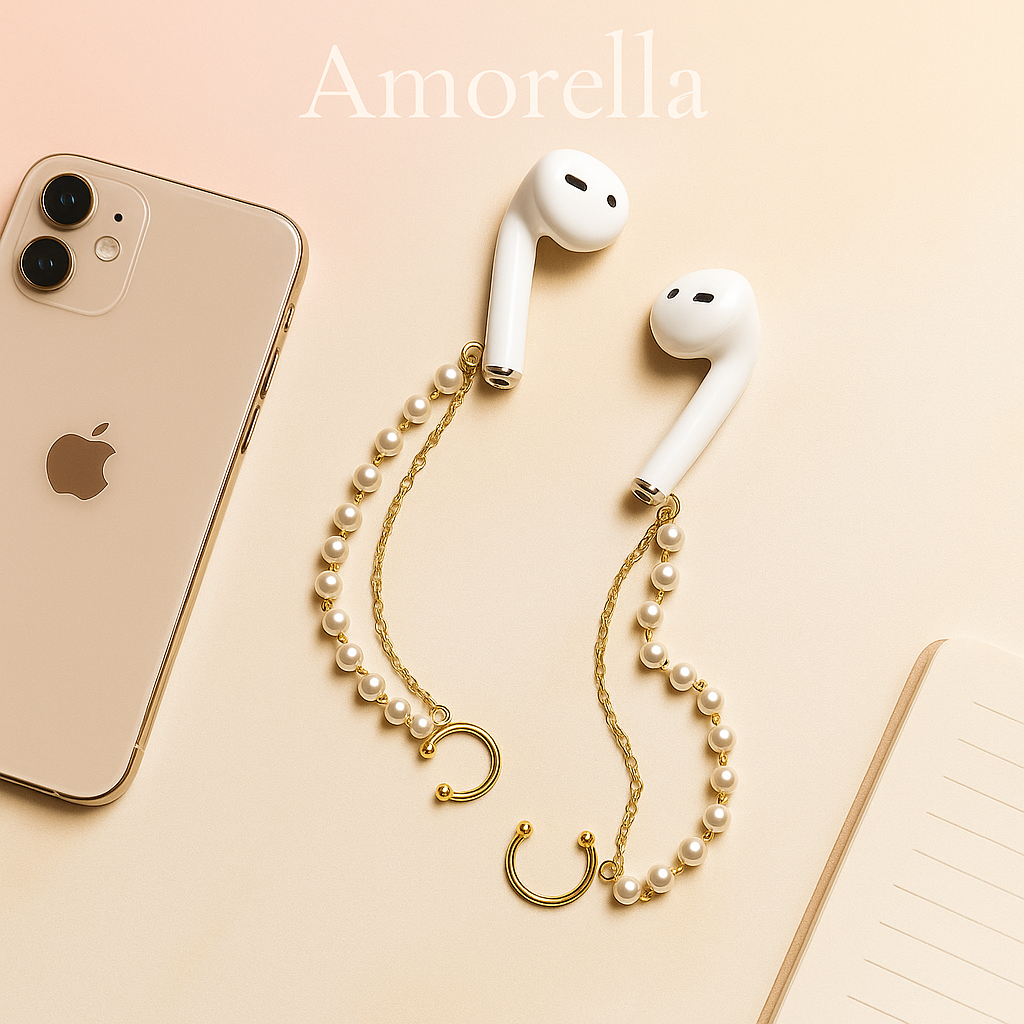 Pearl and gold chain case for AirPods next to an iPhone on a beige background with 'Amorella' branding.