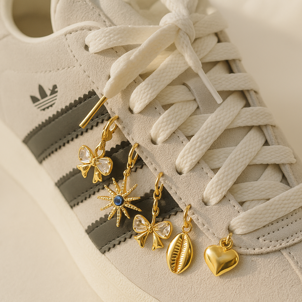 Gold earrings on a white sneaker with Adidas logo