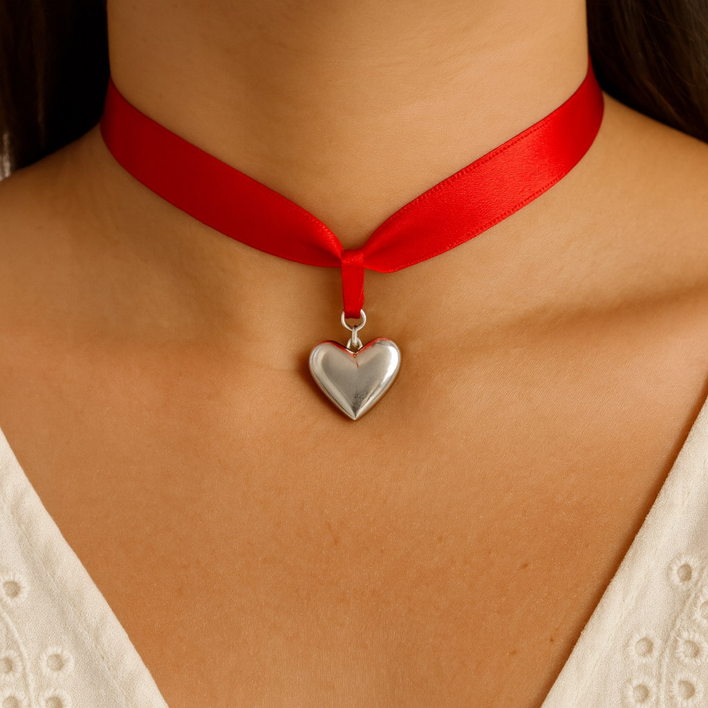 Red Ribbon Silver Heart Necklace