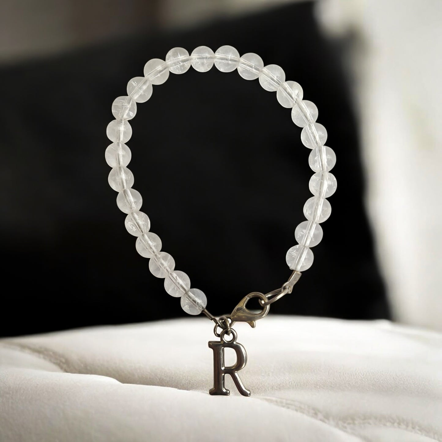 Clear Quartz Beads Bracelet with Initial