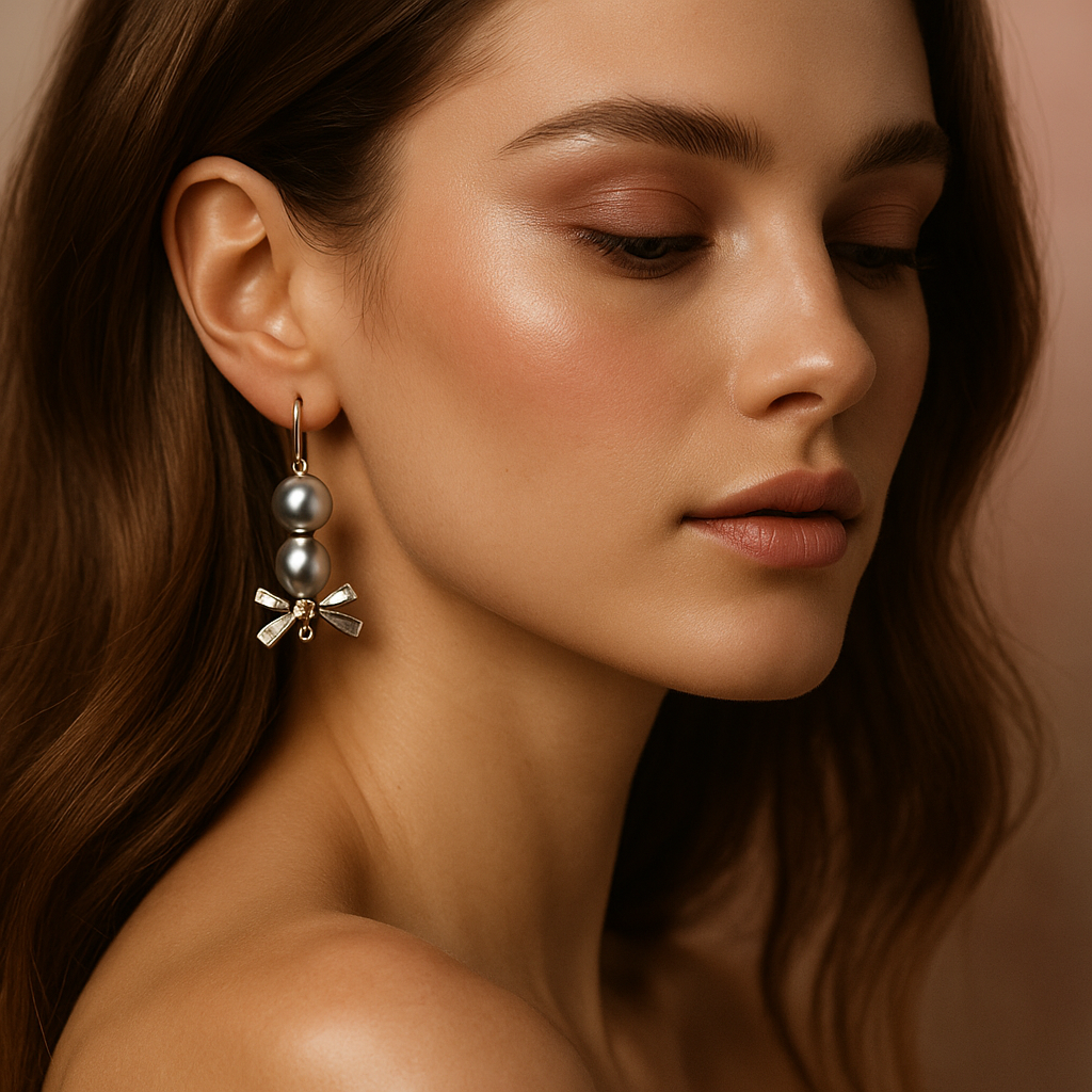 Close-up of a woman wearing a silver earring with pearls against a neutral background