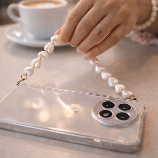 Phone case with pearl strap on a table with a blurred cafe background