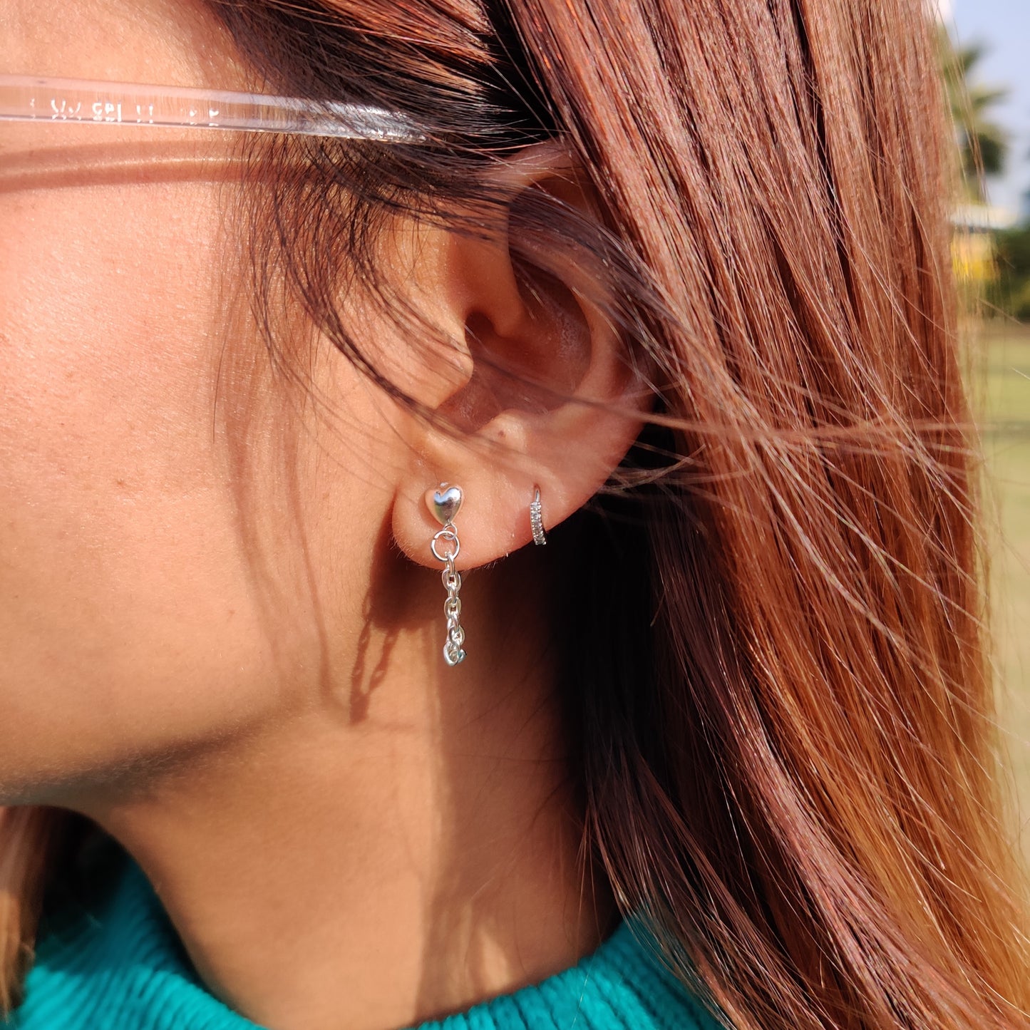 Heart Studs with Chain Earrings