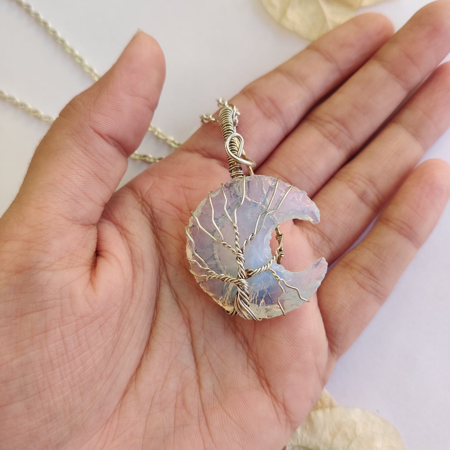 Moon/Star Opalite Wire Wrapped Pendant Necklace with Leather Cord/Chain