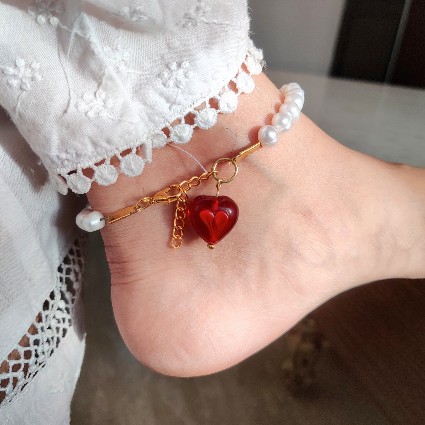 Natural Pearl Anklet with Heart Charm