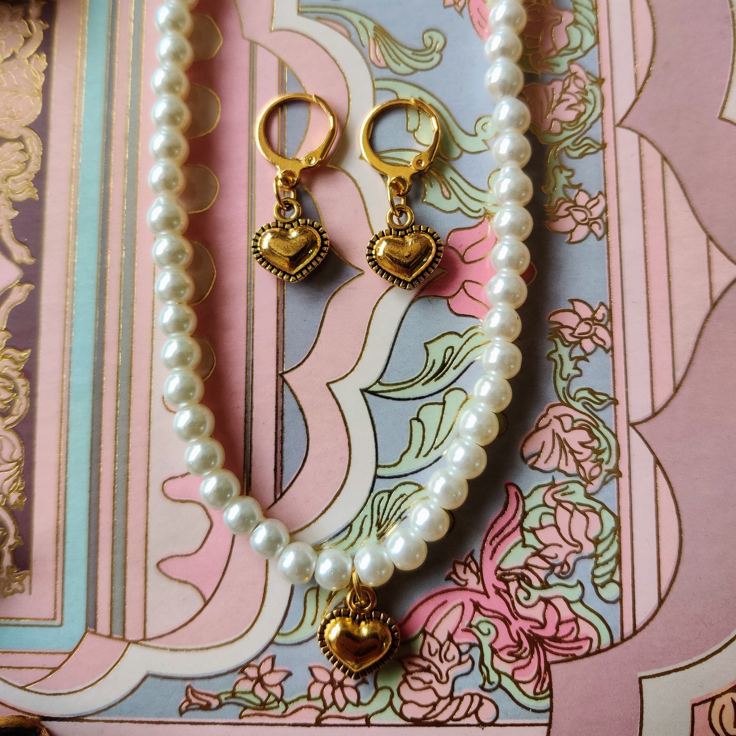 Pearl Necklace with Golden Heart Charm