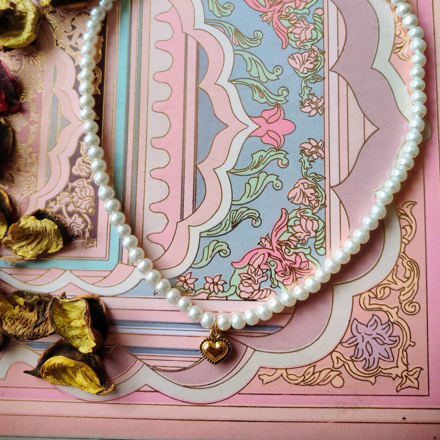 Pearl Necklace with Golden Heart Charm