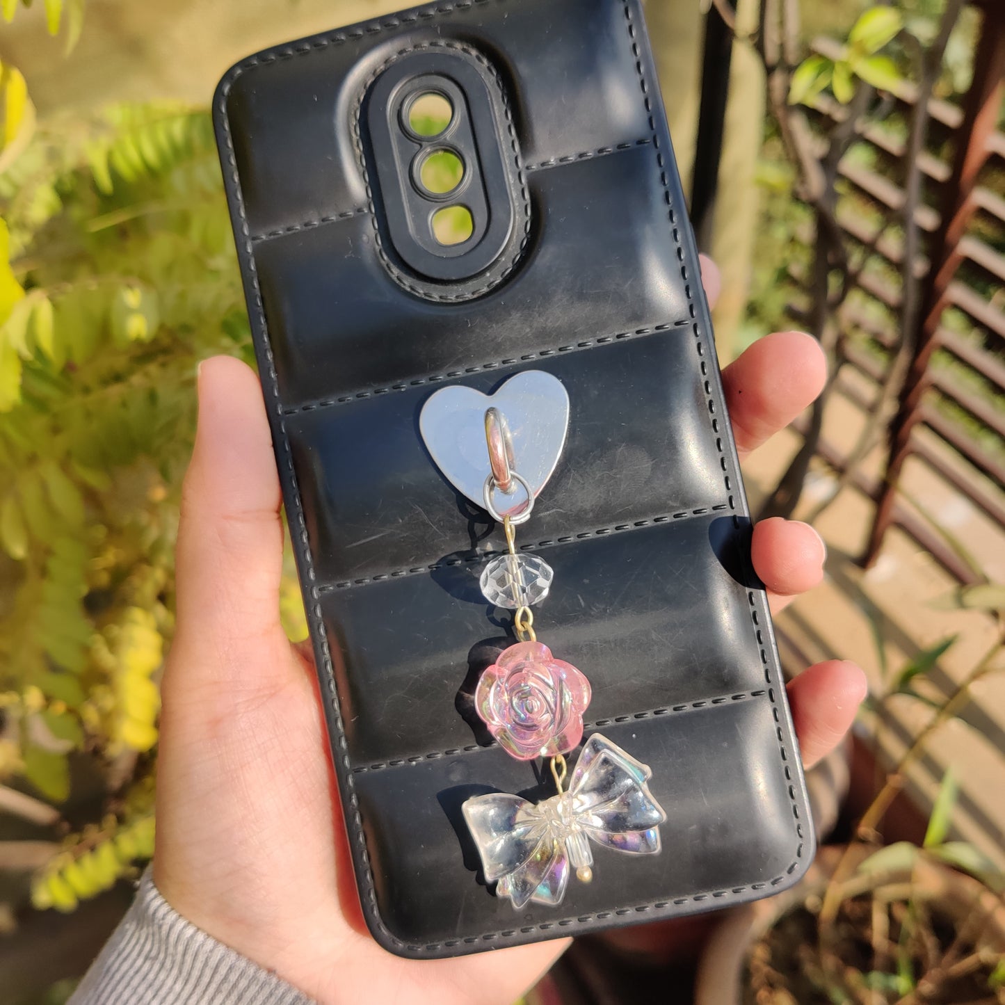 Rosy Bow Phone Charm with Adhesive Heart Hook