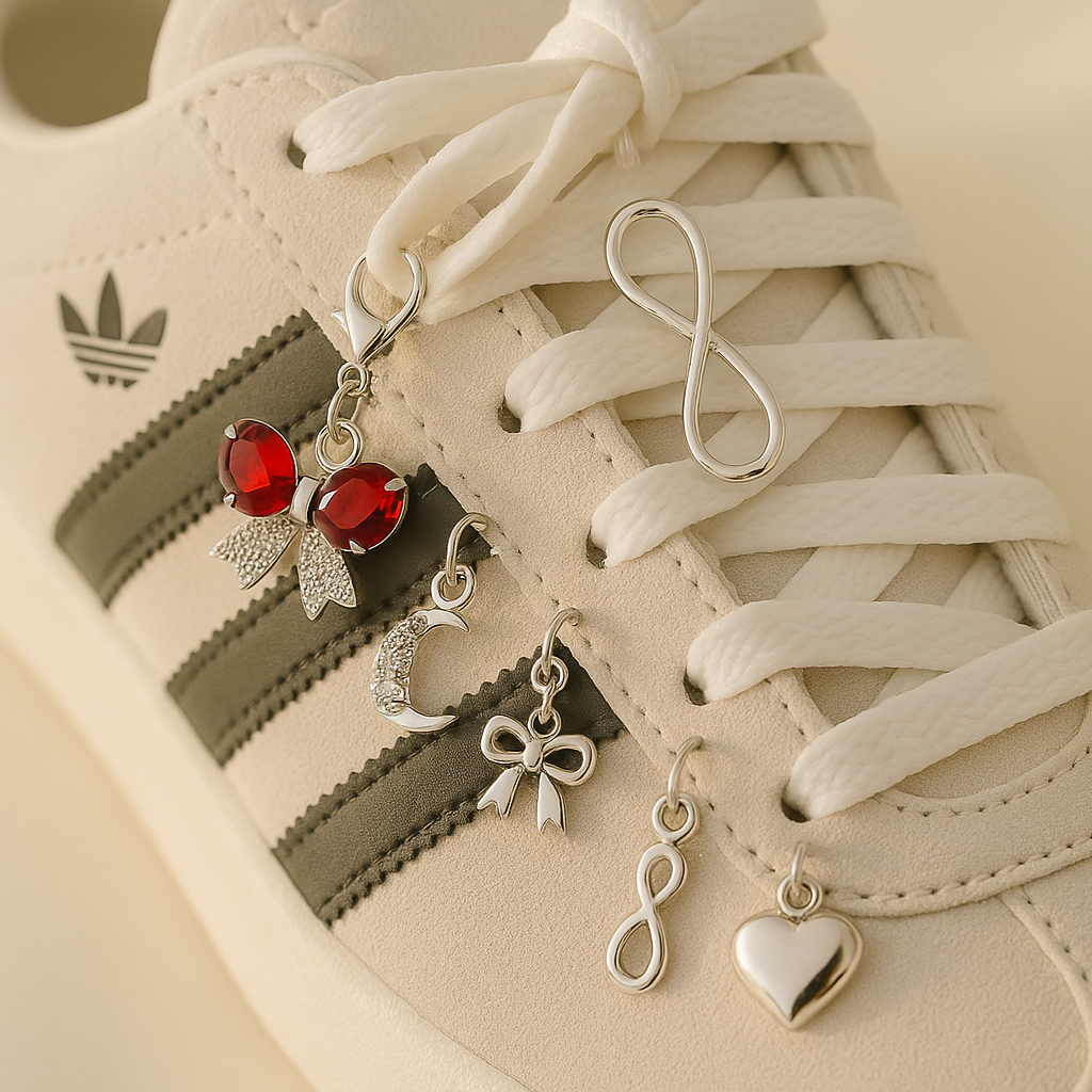 White sneaker with decorative charms on a beige background