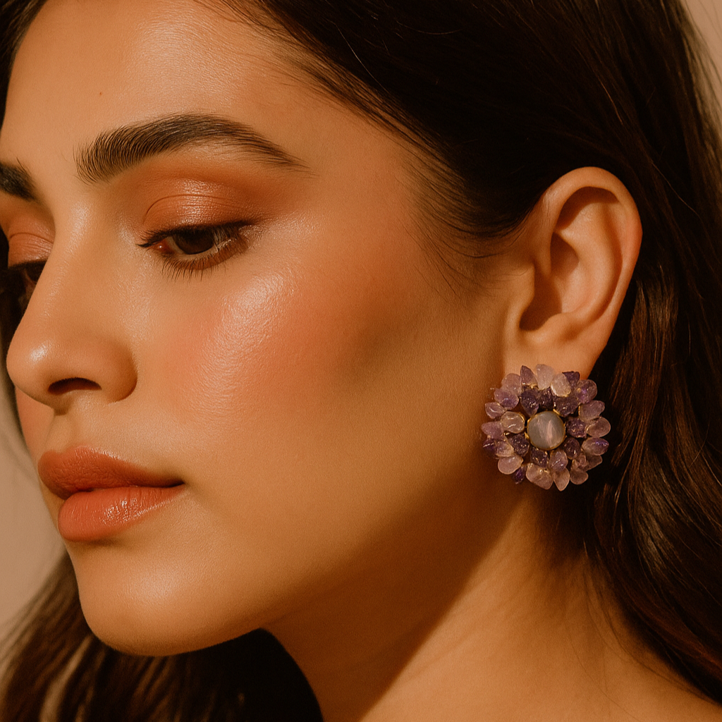 Statement Stud Rose Quartz and Amethyst Crystal Earrings
