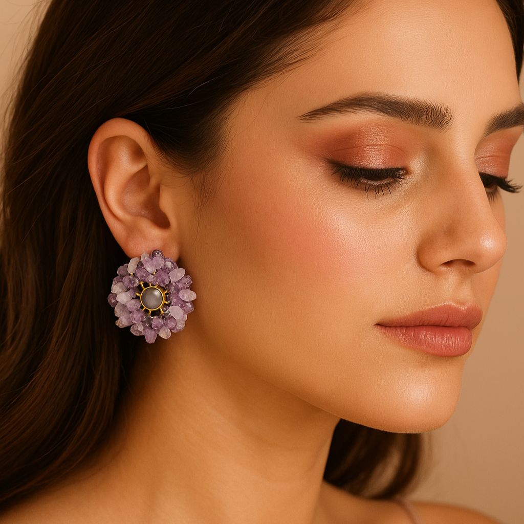 Statement Stud Rose Quartz and Amethyst Crystal Earrings