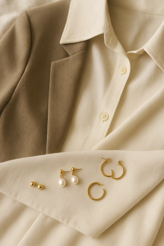 3 pairs of minimal earrings lying on top of work clothes laid out to wear on the bed
