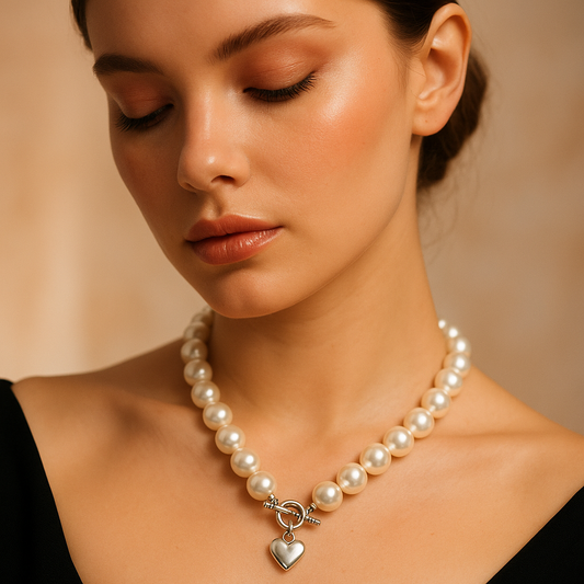 Classic Pearl Necklace with Toggle Clasp and Heart Charm