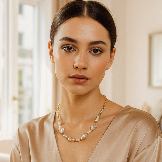 Woman wearing a pearl necklace in an indoor setting