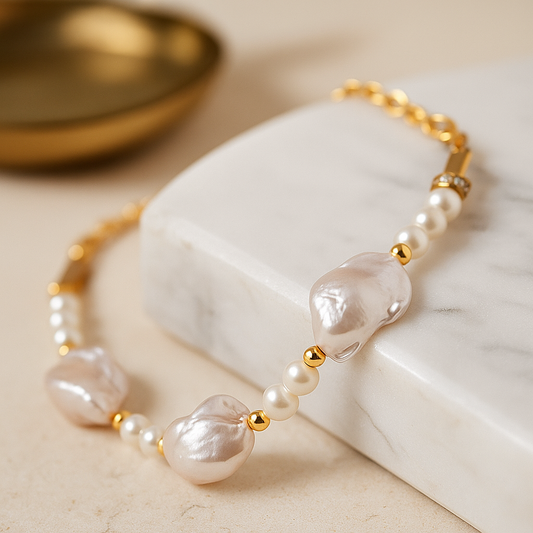 Pearl bracelet with gold accents on a marble surface