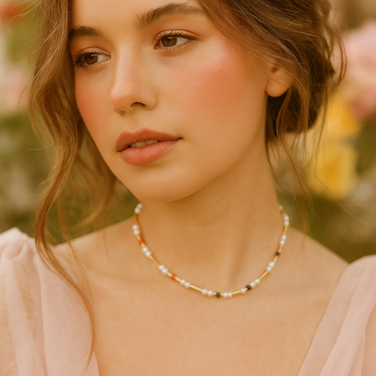 Crystal Beads and Pearl Choker Necklace
