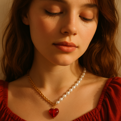 Red Heart with Pearls Necklace