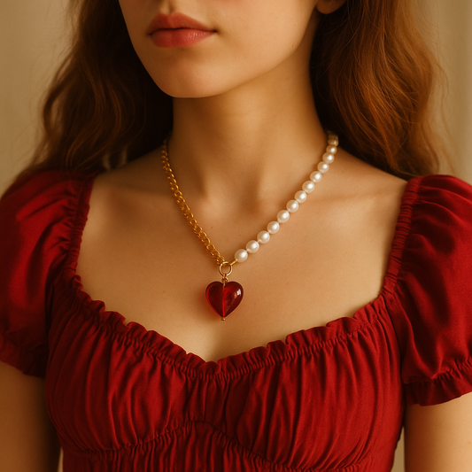 Red Heart with Pearls Necklace