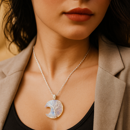 Moon/Star Opalite Wire Wrapped Pendant Necklace with Leather Cord/Chain