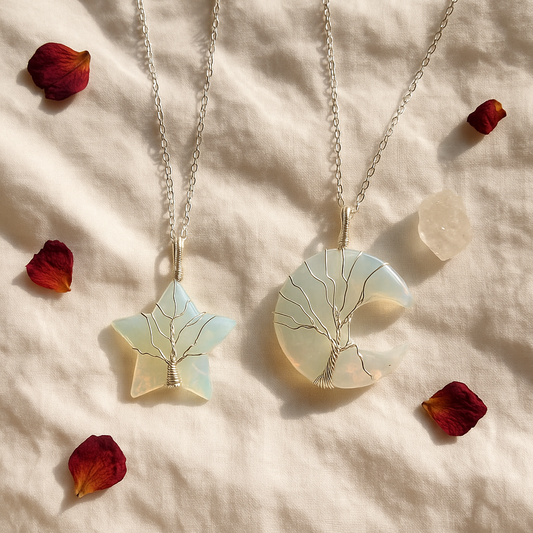 Moon/Star Opalite Wire Wrapped Pendant Necklace with Leather Cord/Chain
