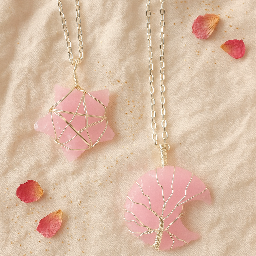 Two pink pendant necklaces with geometric designs on a beige surface with red rose petals.