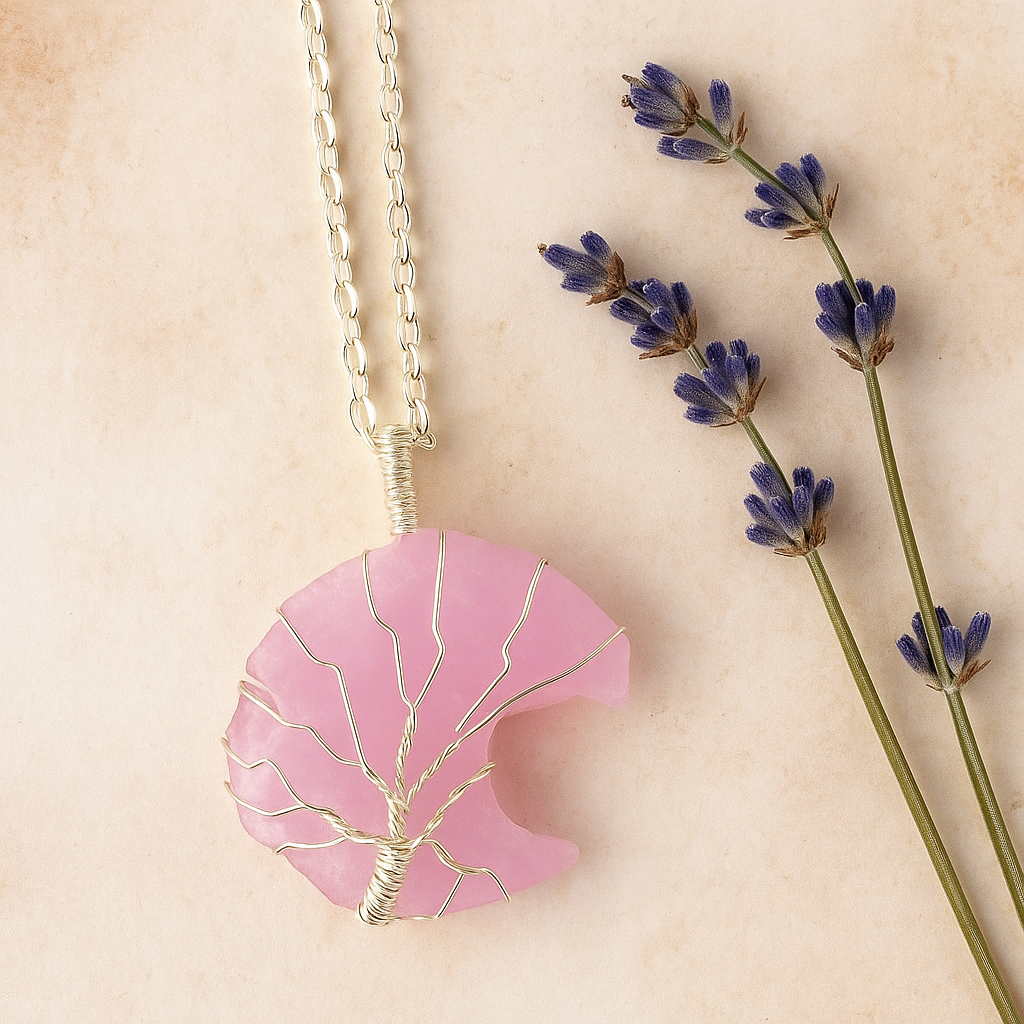 Pink pendant necklace with silver wire wrapping on a beige background with lavender flowers.