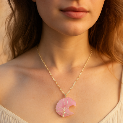 Moon/Star Rose Quartz Wire Wrapped Pendant Necklace with Leather Cord/Chain