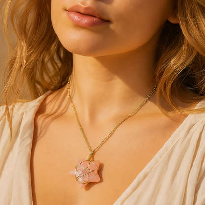 Moon/Star Rose Quartz Wire Wrapped Pendant Necklace with Leather Cord/Chain