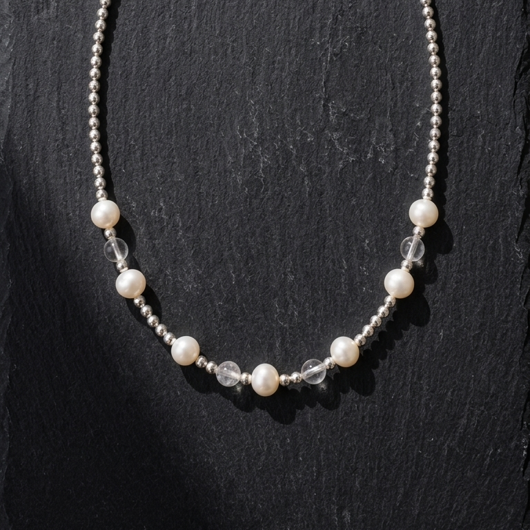 A silver beaded necklace with white pearl-like beads and clear faceted beads, displayed on a dark textured slate background.