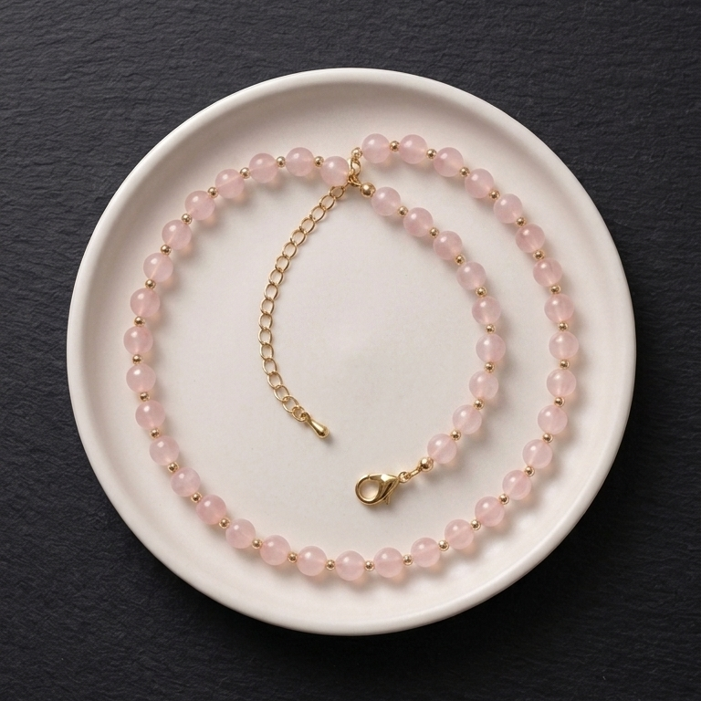 A pink beaded necklace with a gold chain extender and lobster clasp, displayed on a small round white dish over a dark slate background.