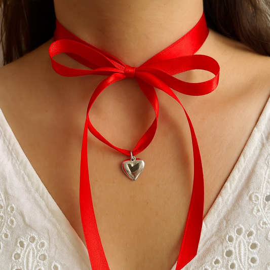 Red Ribbon Silver Heart Necklace