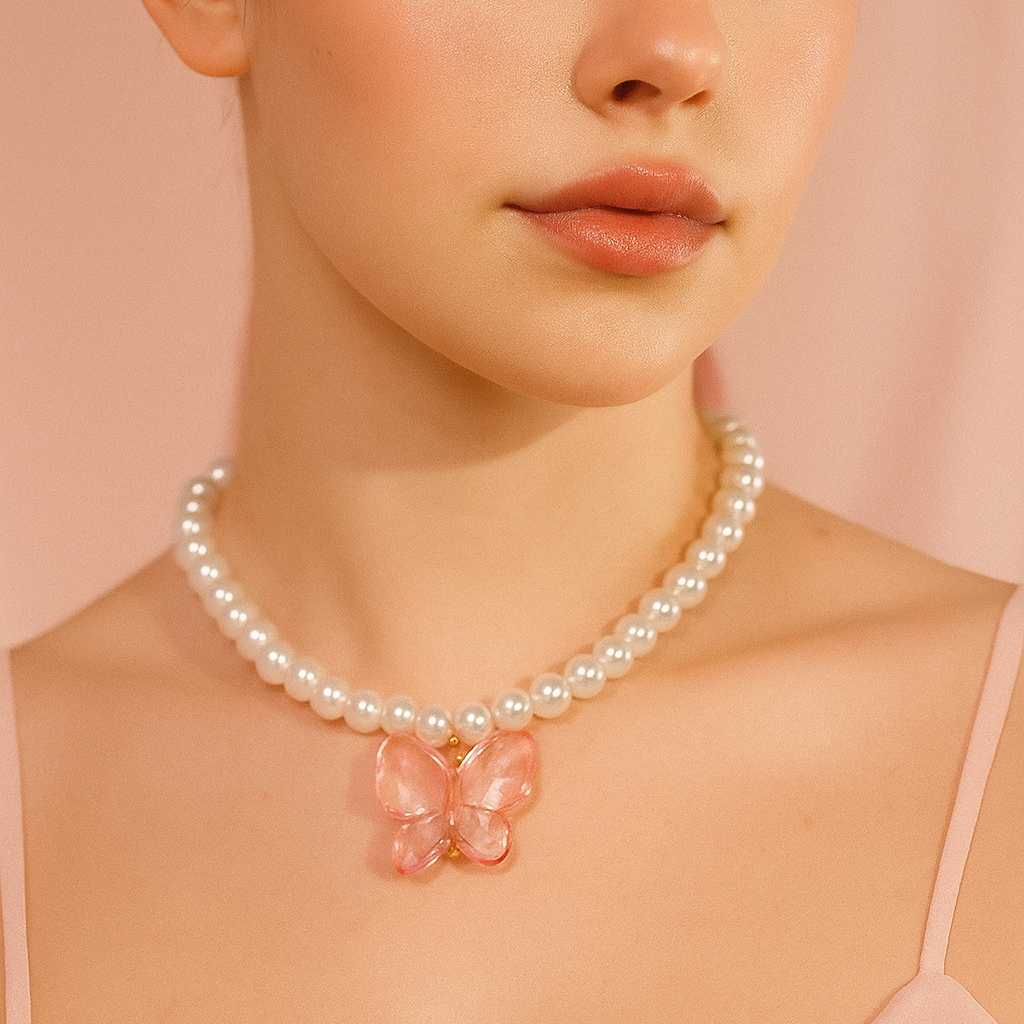 Woman wearing a pearl necklace with a butterfly pendant against a pink background
